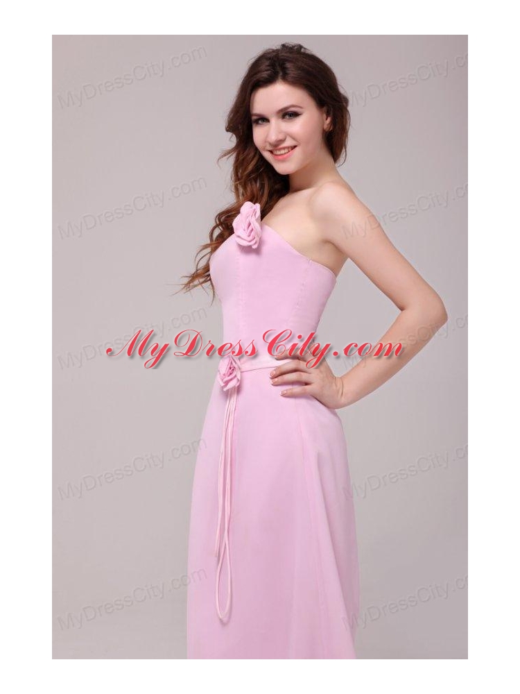 Strapless Baby Pink Hand Made Flowers Tea-length Prom Dress