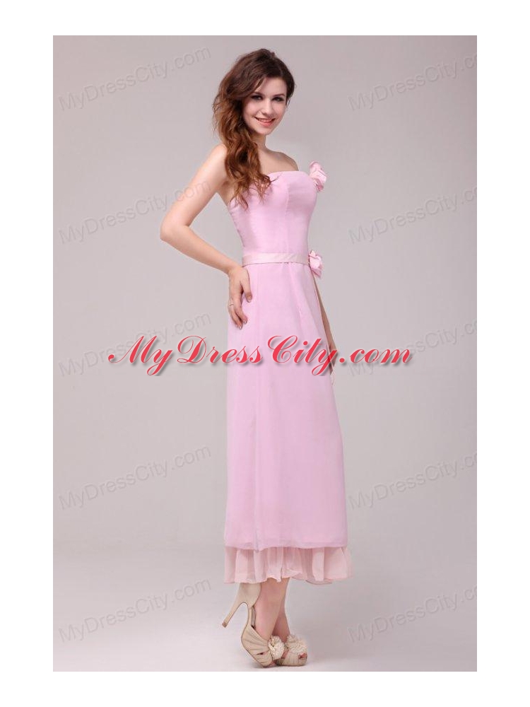 Strapless Baby Pink Hand Made Flowers Tea-length Prom Dress