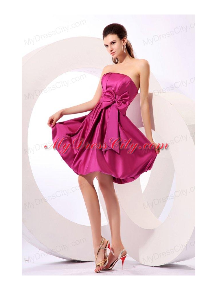 Strapless Fuchsia Prom Dress with Bow Knot A-line Knee-length