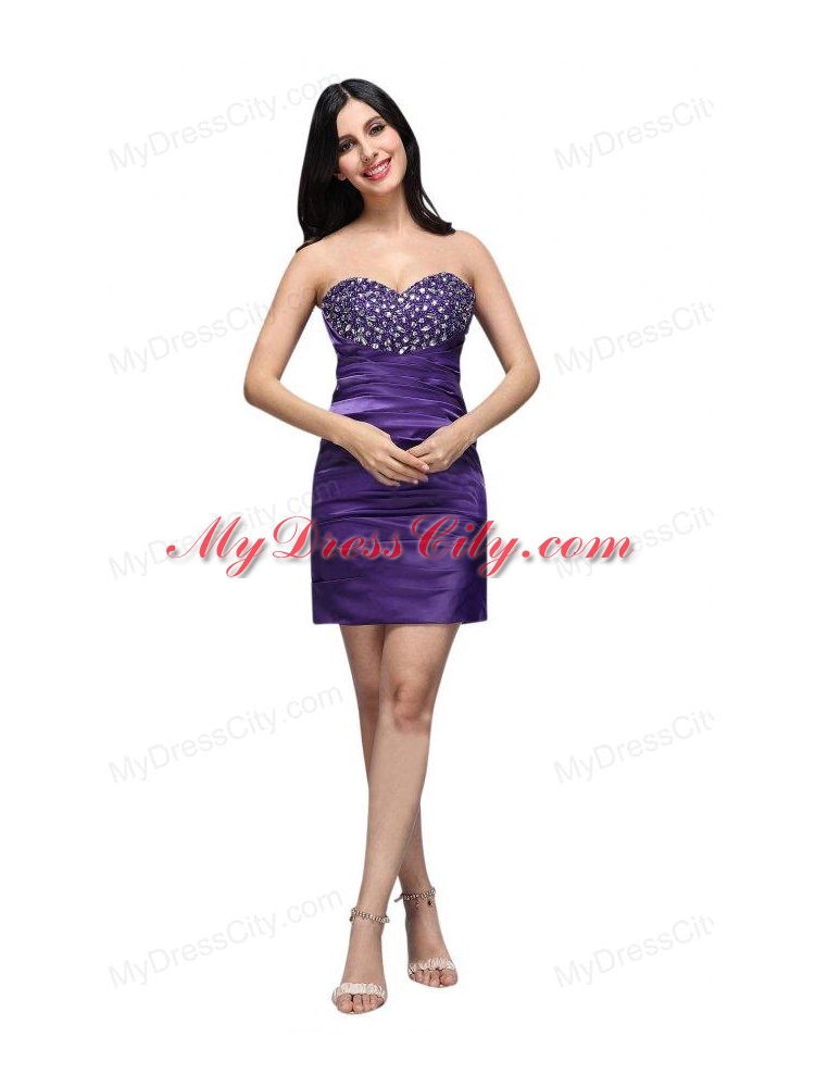 Sweetheart Mini-length Beaded Decorate Brust Column Purple Prom Dress