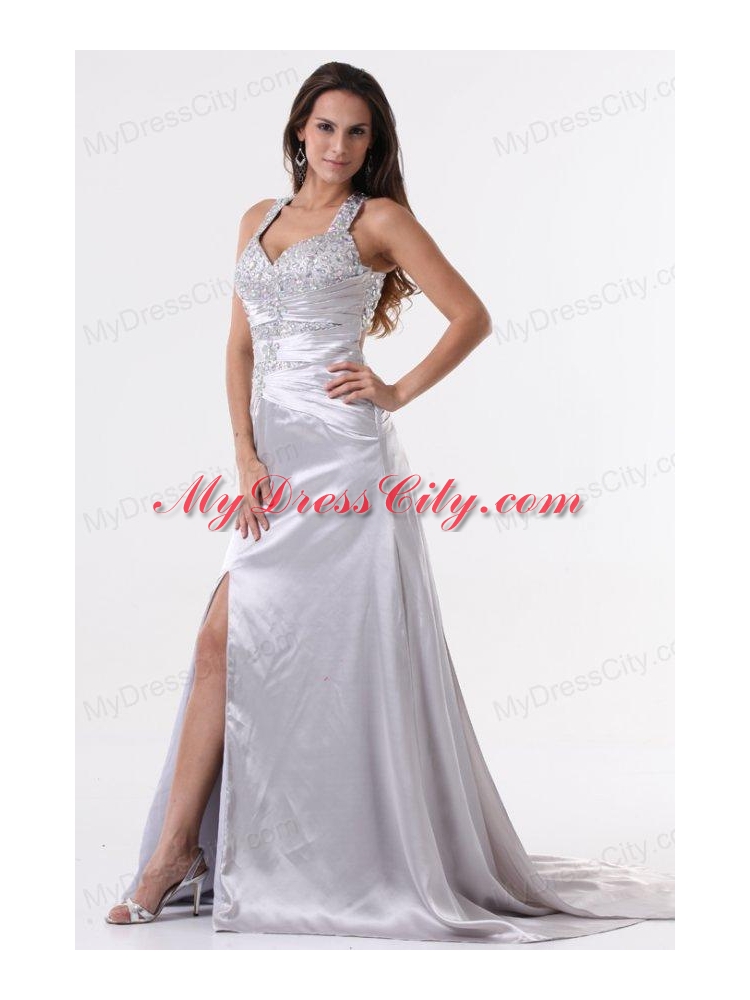 Watteau Train Silver Straps High Slit Prom Dress with Beading