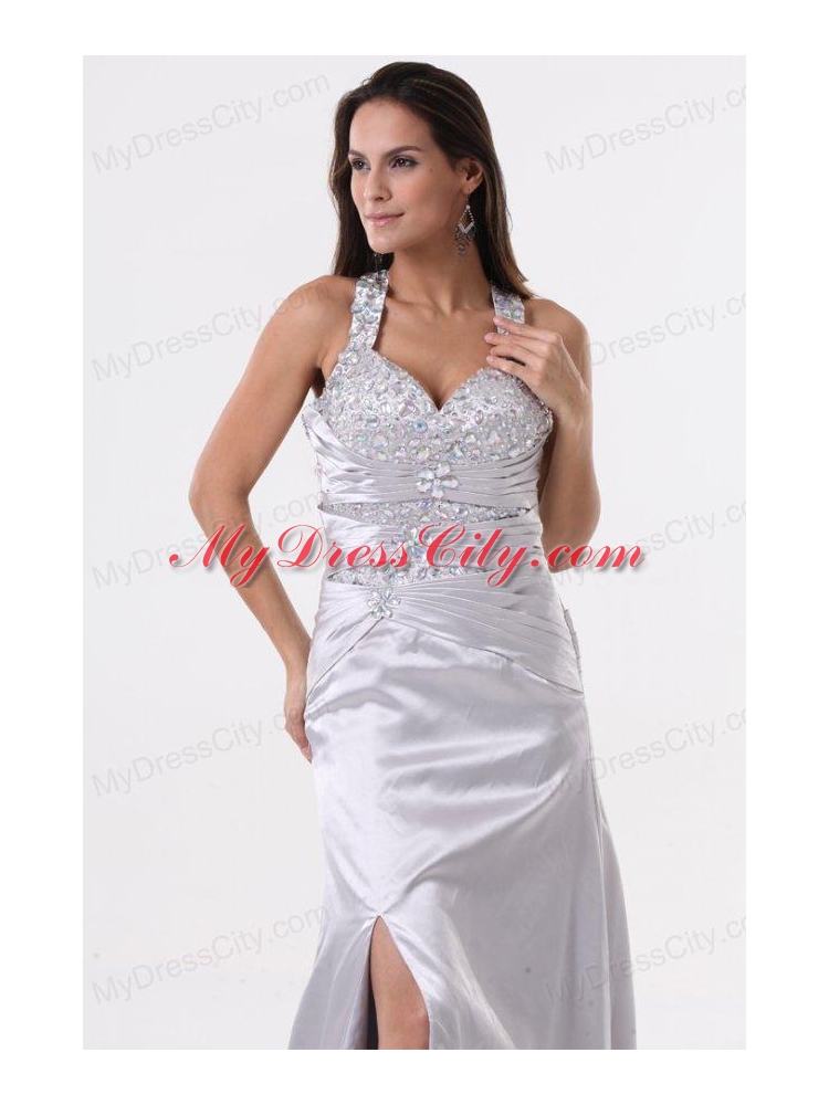 Watteau Train Silver Straps High Slit Prom Dress with Beading