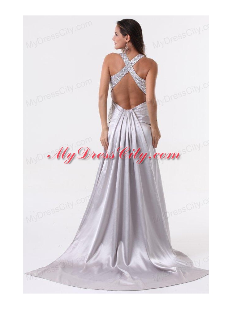 Watteau Train Silver Straps High Slit Prom Dress with Beading