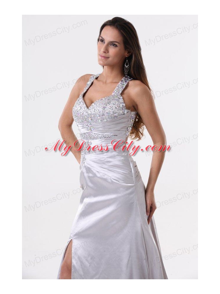 Watteau Train Silver Straps High Slit Prom Dress with Beading