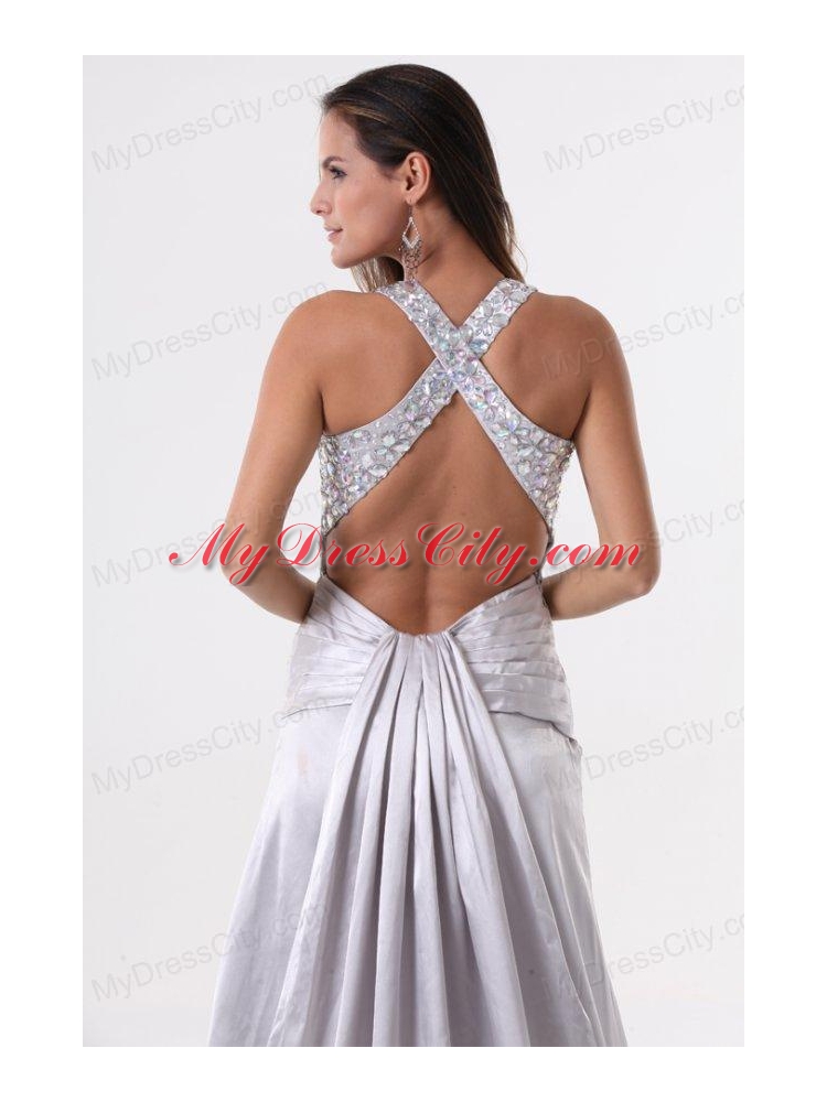 Watteau Train Silver Straps High Slit Prom Dress with Beading