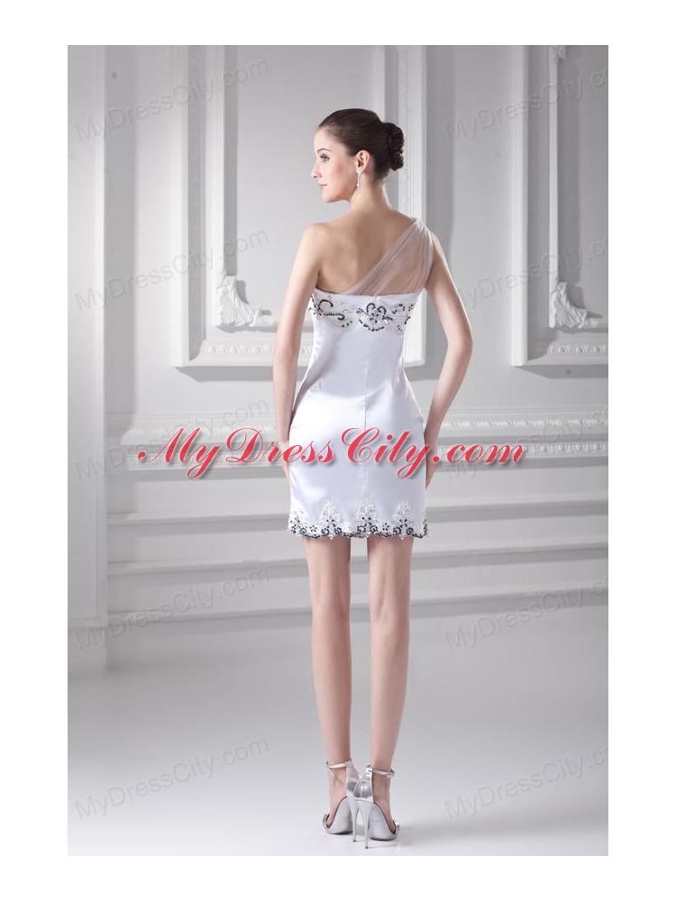 White One Shoulder Taffita Mini-length Prom Dress with Appliques and Ruching