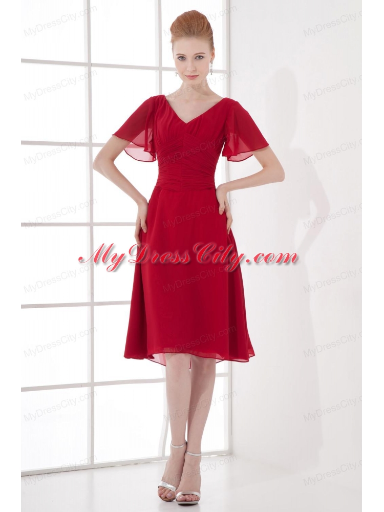 Wine Red Empire Ruching V-neck Short Sleeves Prom Dress