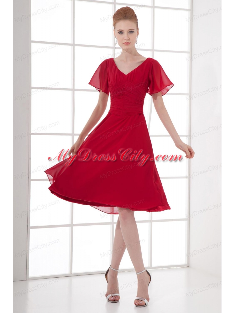 Wine Red Empire Ruching V-neck Short Sleeves Prom Dress