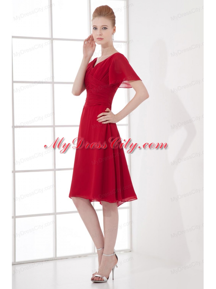 Wine Red Empire Ruching V-neck Short Sleeves Prom Dress