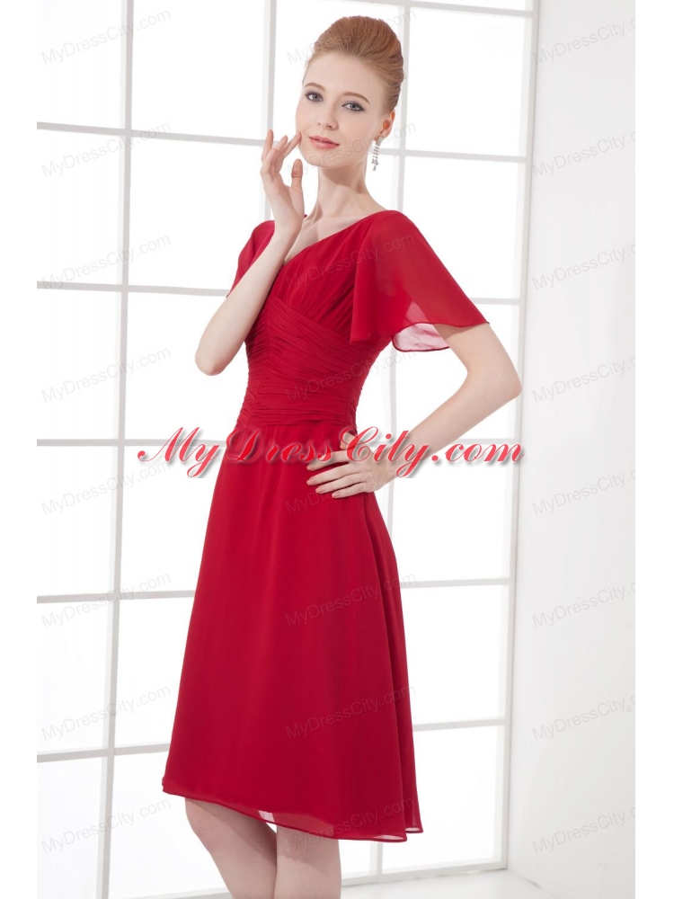 Wine Red Empire Ruching V-neck Short Sleeves Prom Dress