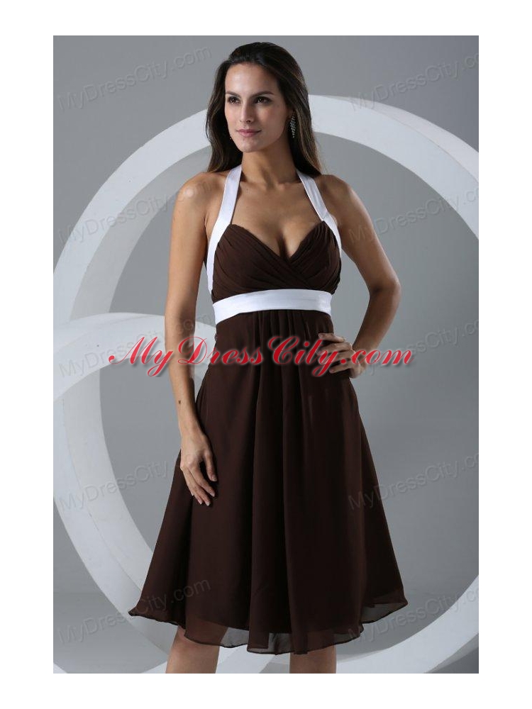 Brown Halter Top Ruching Chiffon Knee-length Prom Dress