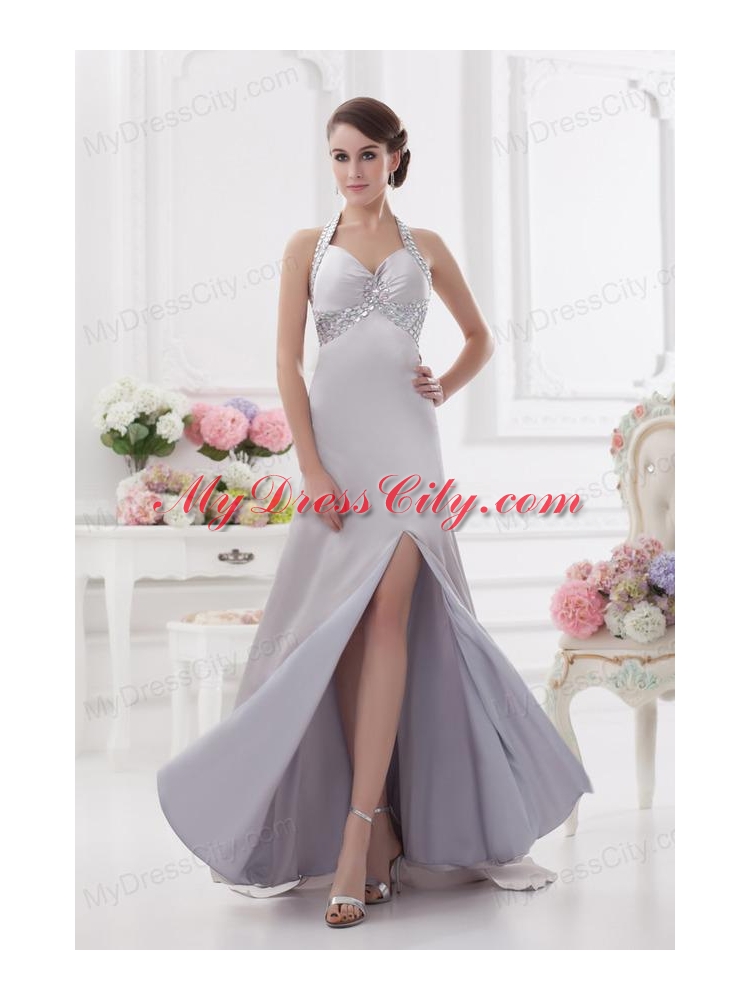 Column Halter top High Slit Beading Prom Dress in Light Grey