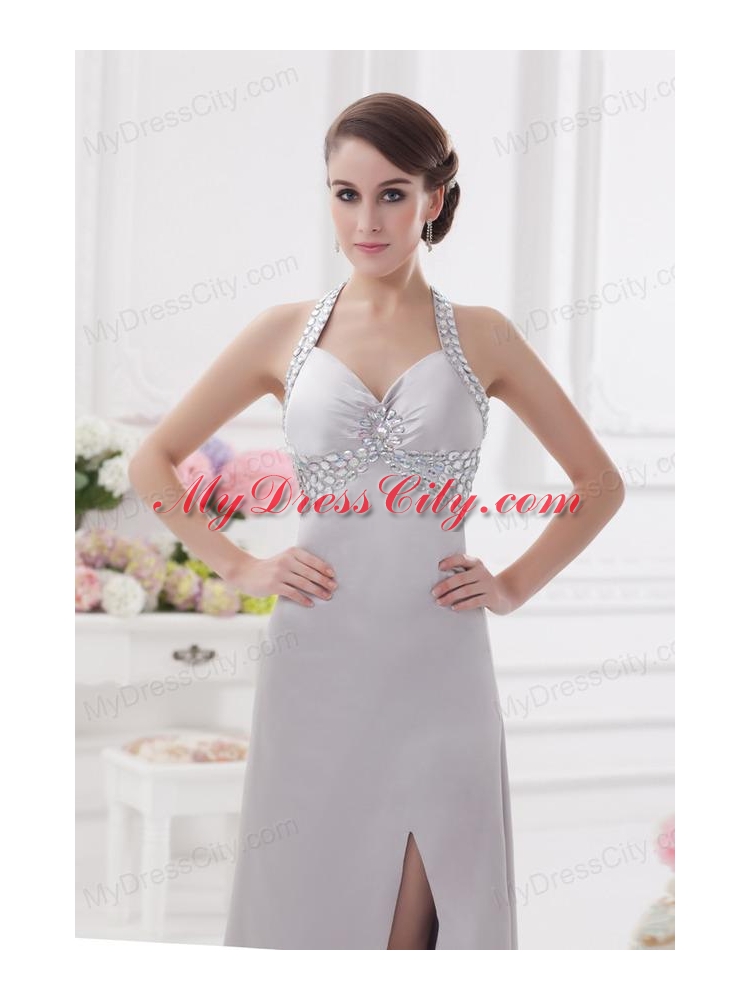 Column Halter top High Slit Beading Prom Dress in Light Grey