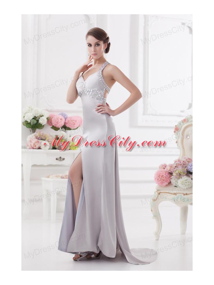 Column Halter top High Slit Beading Prom Dress in Light Grey