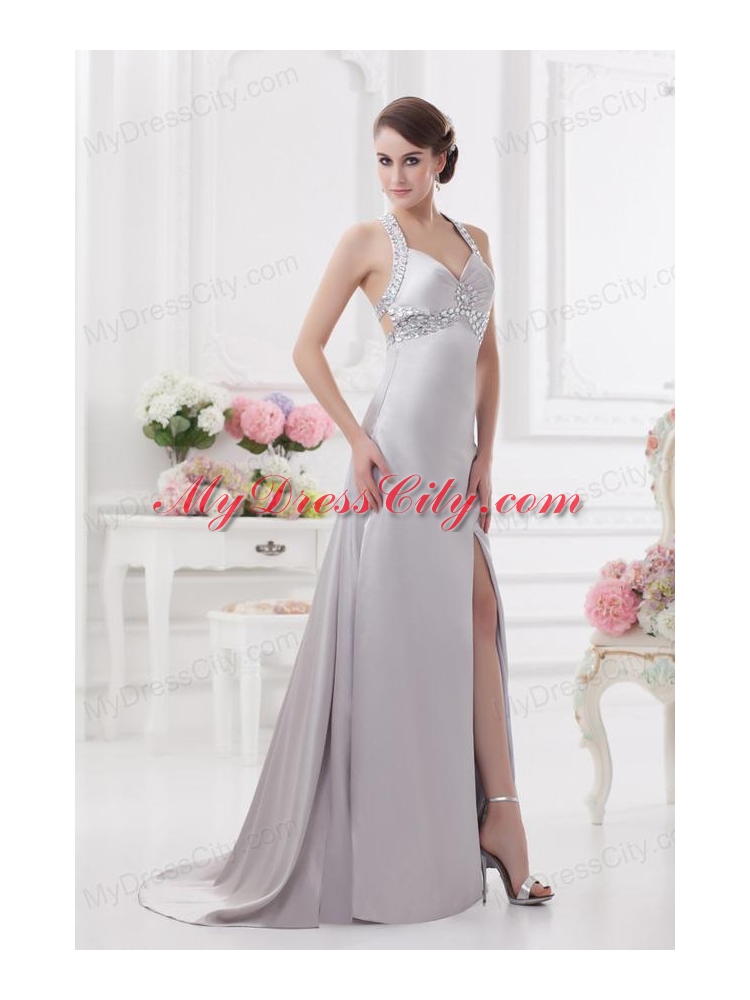 Column Halter top High Slit Beading Prom Dress in Light Grey