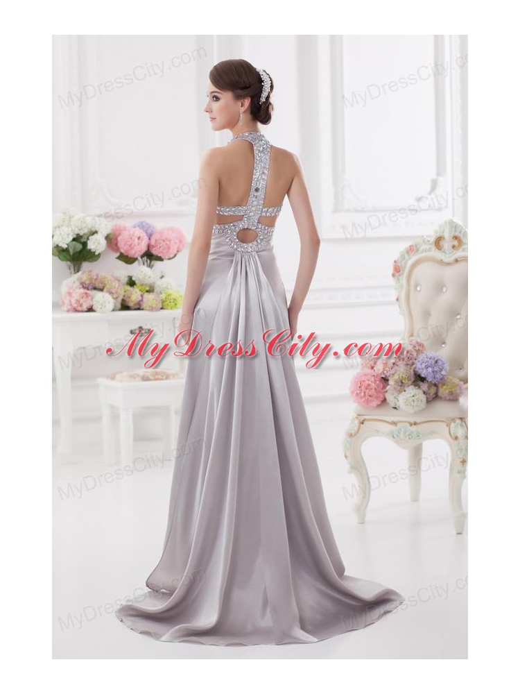 Column Halter top High Slit Beading Prom Dress in Light Grey