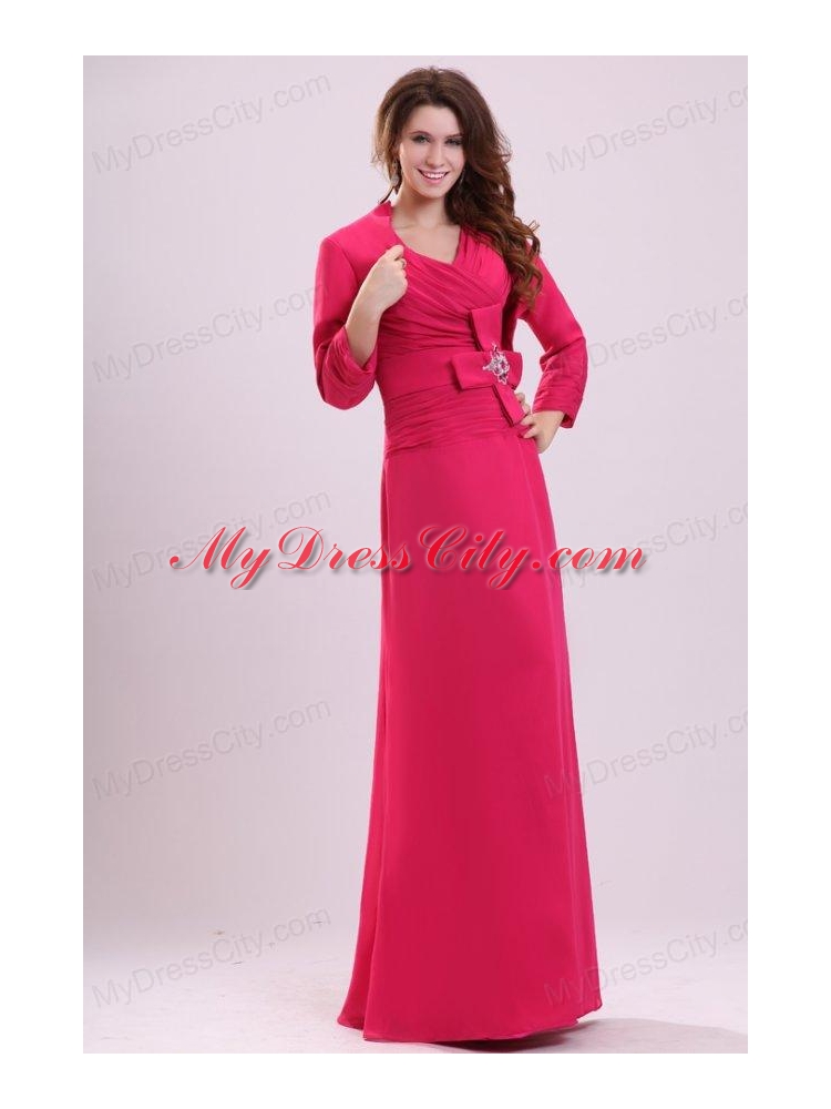 Column V-neck Ruching Hot Pink Prom Dress with Chiffon