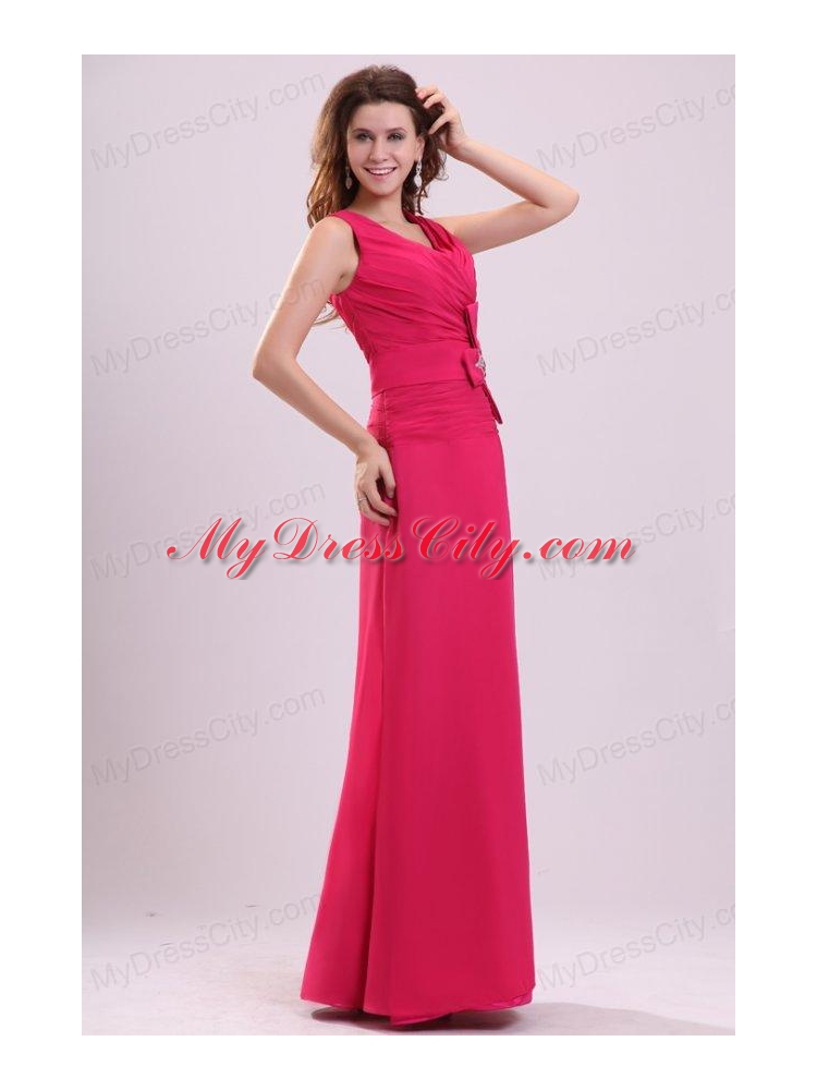 Column V-neck Ruching Hot Pink Prom Dress with Chiffon