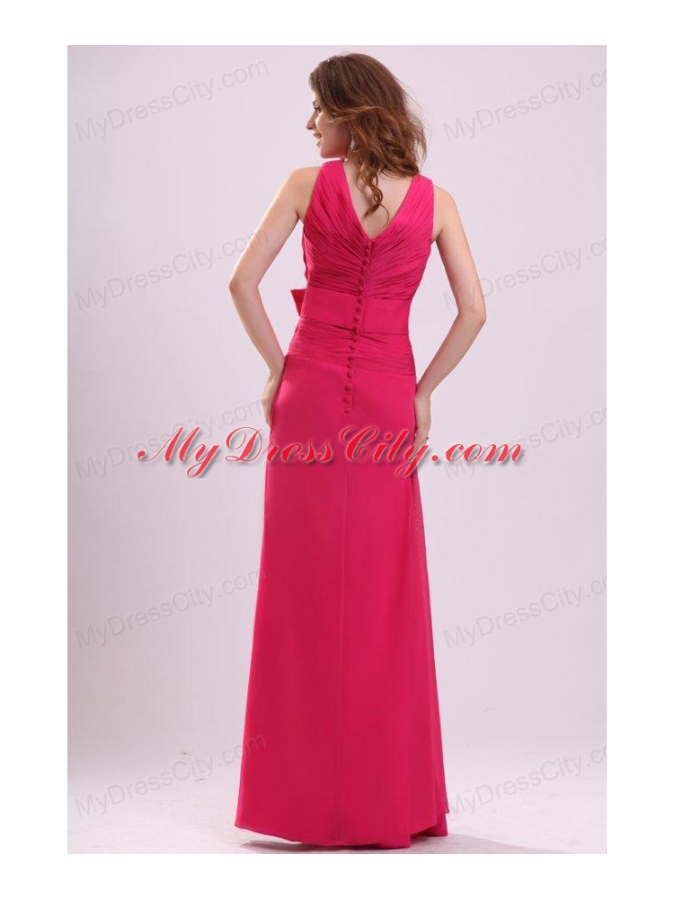 Column V-neck Ruching Hot Pink Prom Dress with Chiffon