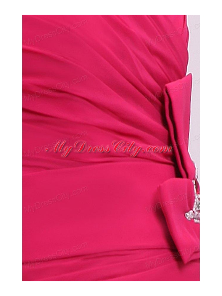 Column V-neck Ruching Hot Pink Prom Dress with Chiffon