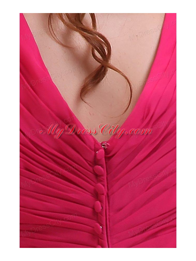 Column V-neck Ruching Hot Pink Prom Dress with Chiffon