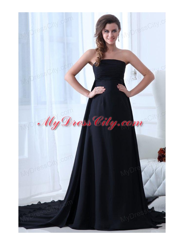 Empire Black Strapless Chapel Train Ruching Prom Dress