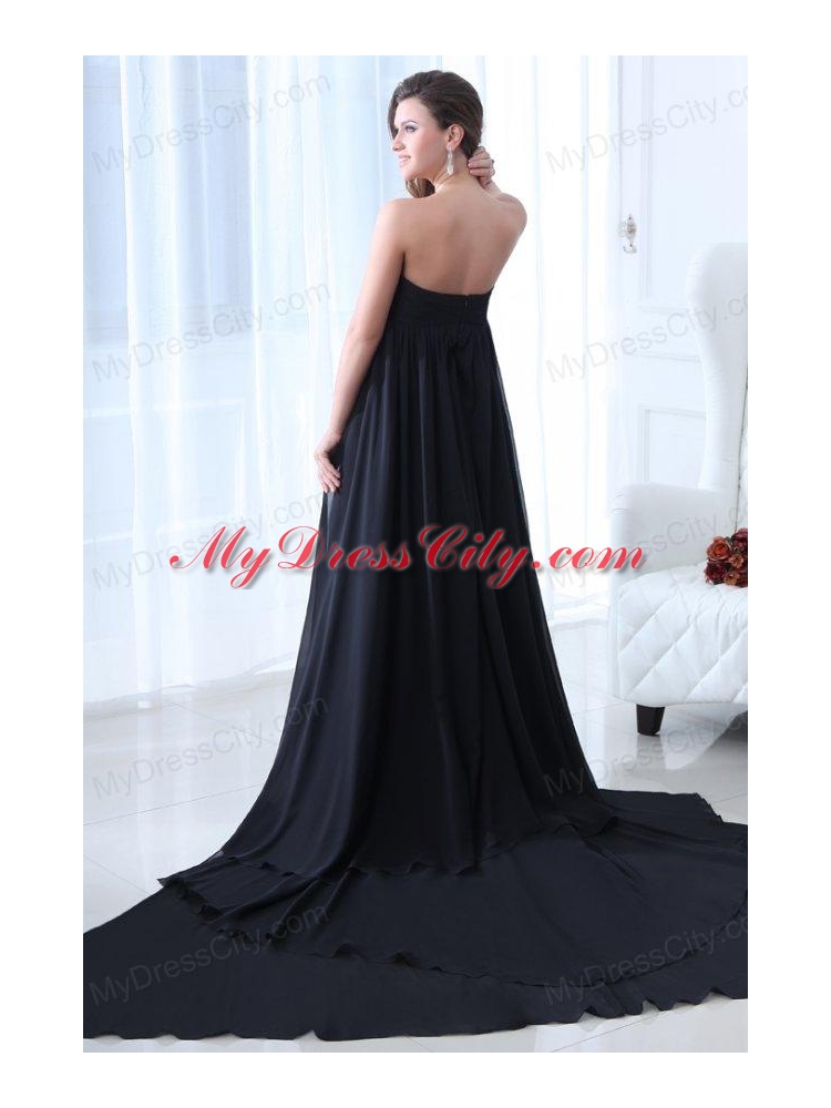 Empire Black Strapless Chapel Train Ruching Prom Dress