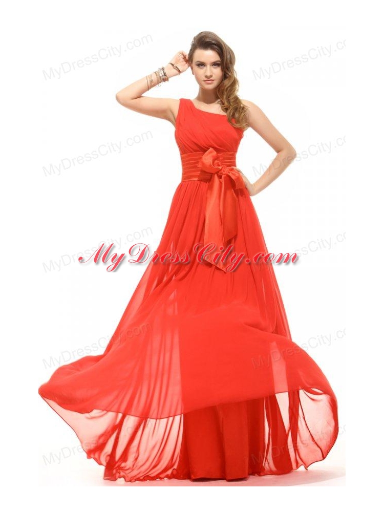 Empire Coral Red One Shoulder Bow Ruching Chiffon Prom Dress