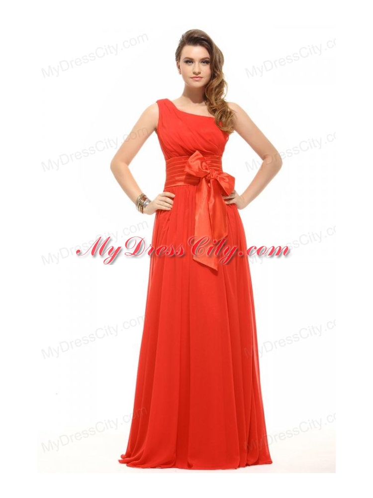 Empire Coral Red One Shoulder Bow Ruching Chiffon Prom Dress