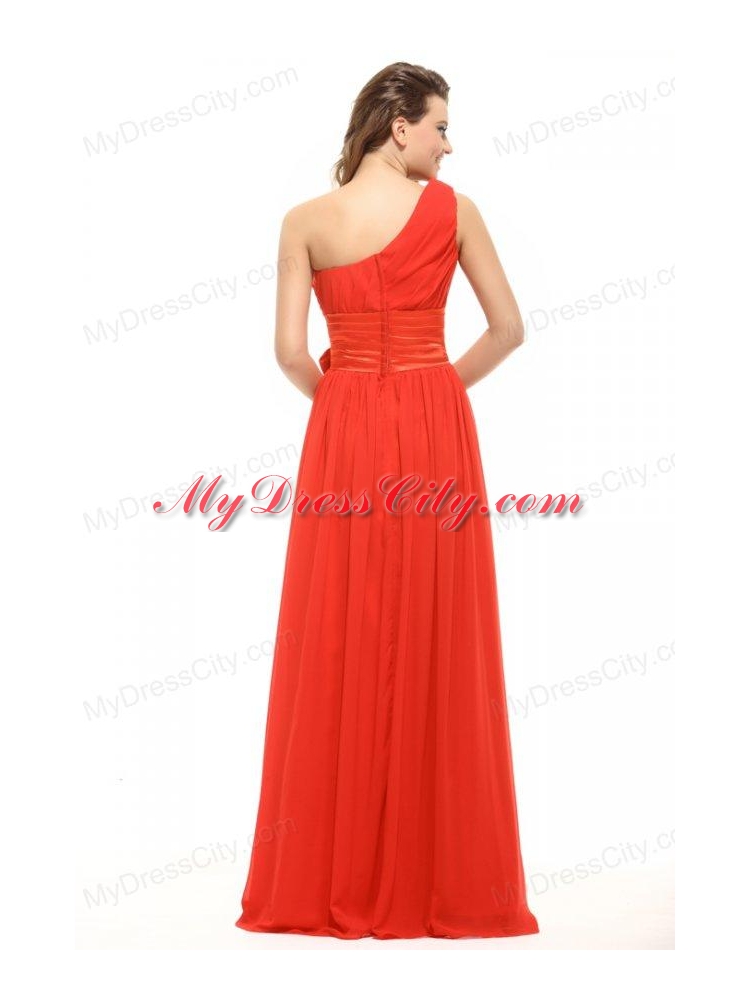 Empire Coral Red One Shoulder Bow Ruching Chiffon Prom Dress