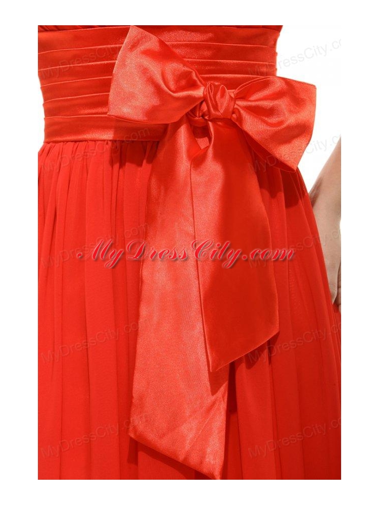 Empire Coral Red One Shoulder Bow Ruching Chiffon Prom Dress