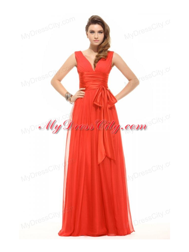 Empire Orange Red V-neck Ruching Chiffon Prom Dress