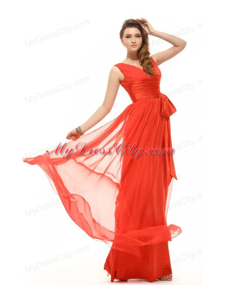 Empire Orange Red V-neck Ruching Chiffon Prom Dress