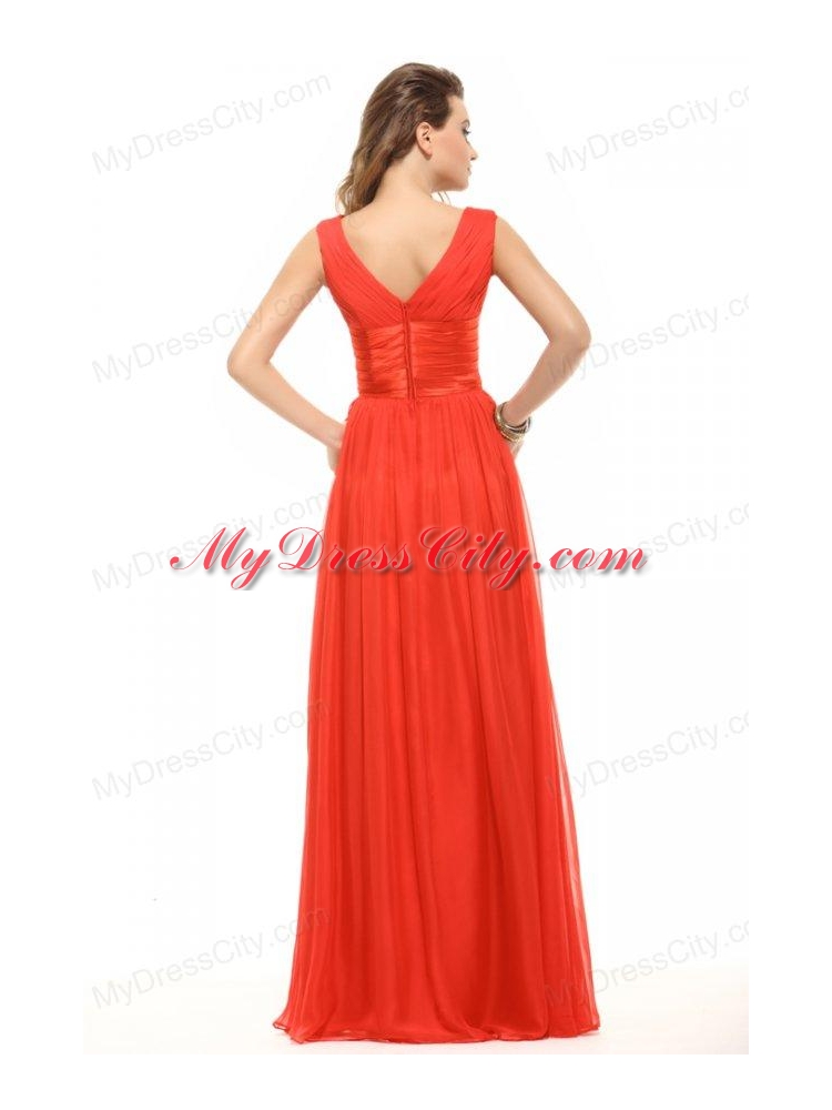 Empire Orange Red V-neck Ruching Chiffon Prom Dress