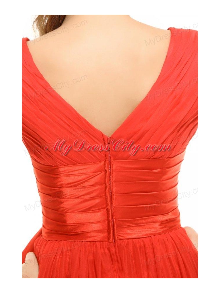 Empire Orange Red V-neck Ruching Chiffon Prom Dress