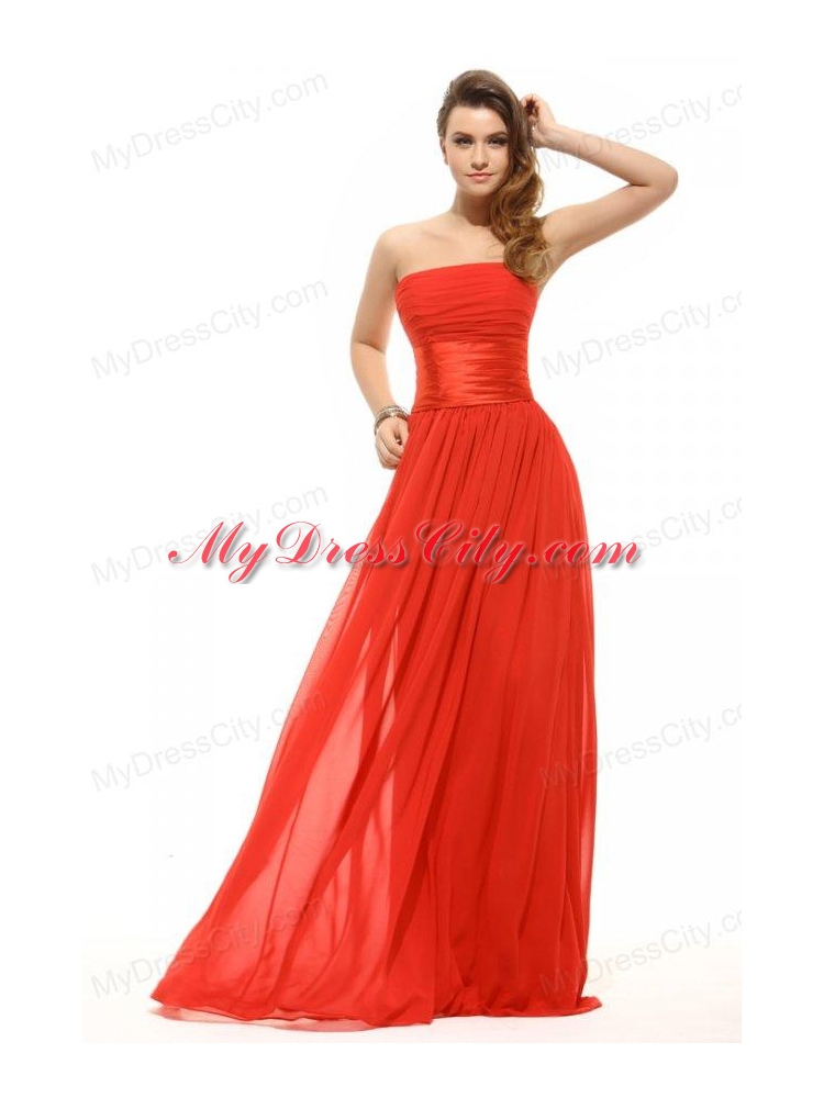 Empire Red Strapless Ruching Floor-length Prom Dress