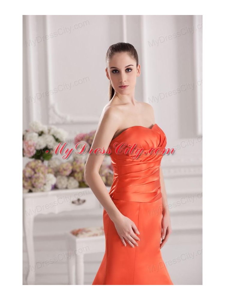 Mermaid Orange Red Sweetheart Floor-length Ruching Satin Prom Dress