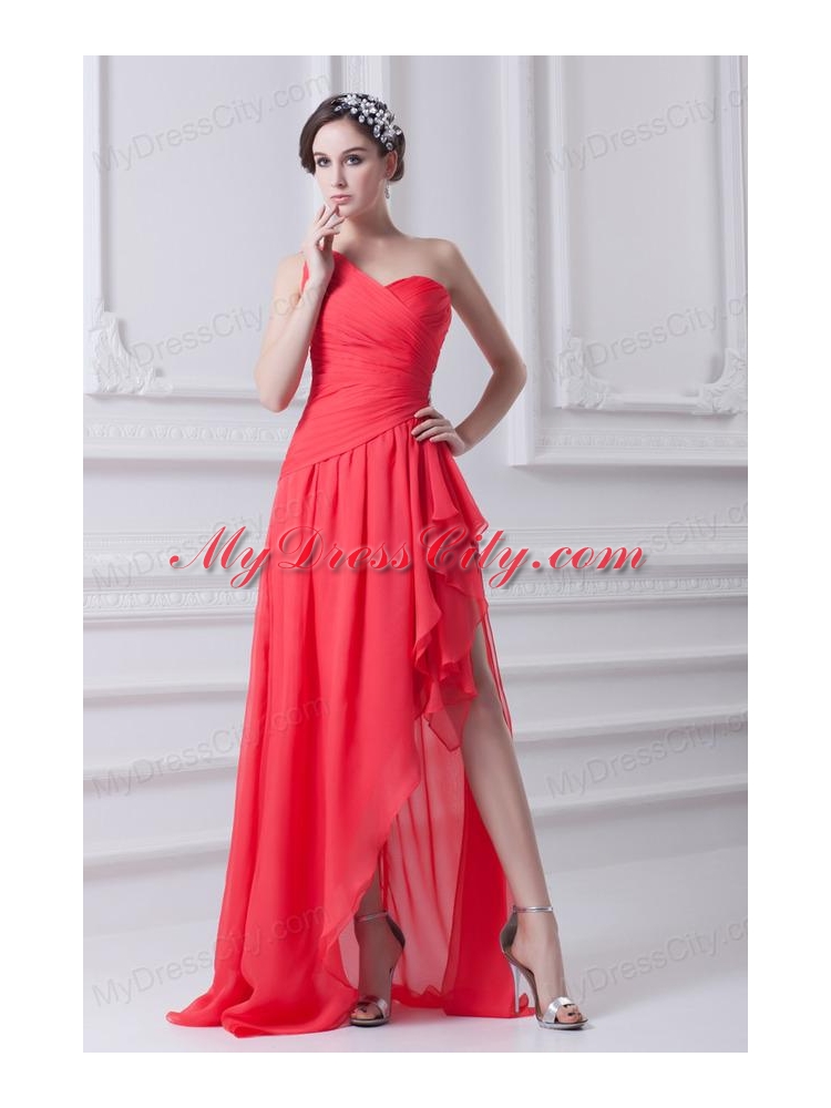 One Shoulder Asymmetrical Prom Dress with Ruching and Beading