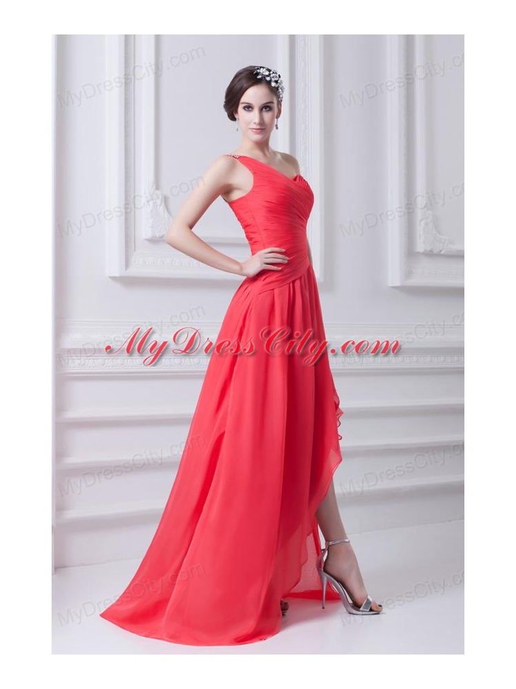 One Shoulder Asymmetrical Prom Dress with Ruching and Beading