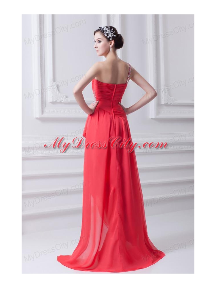 One Shoulder Asymmetrical Prom Dress with Ruching and Beading