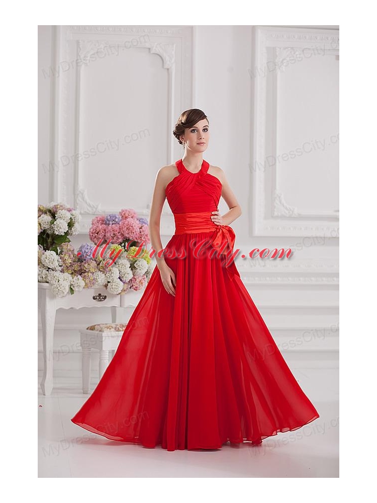 Ruching and Bowknot Halter Top Empire Prom Dress in Red