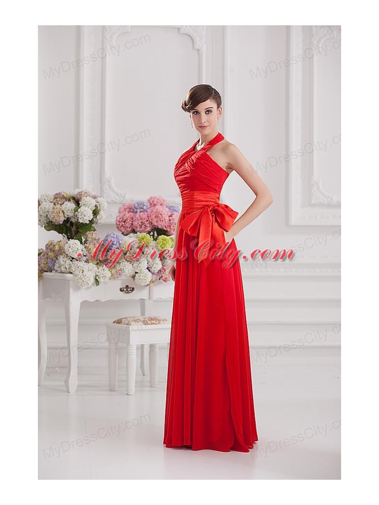 Ruching and Bowknot Halter Top Empire Prom Dress in Red