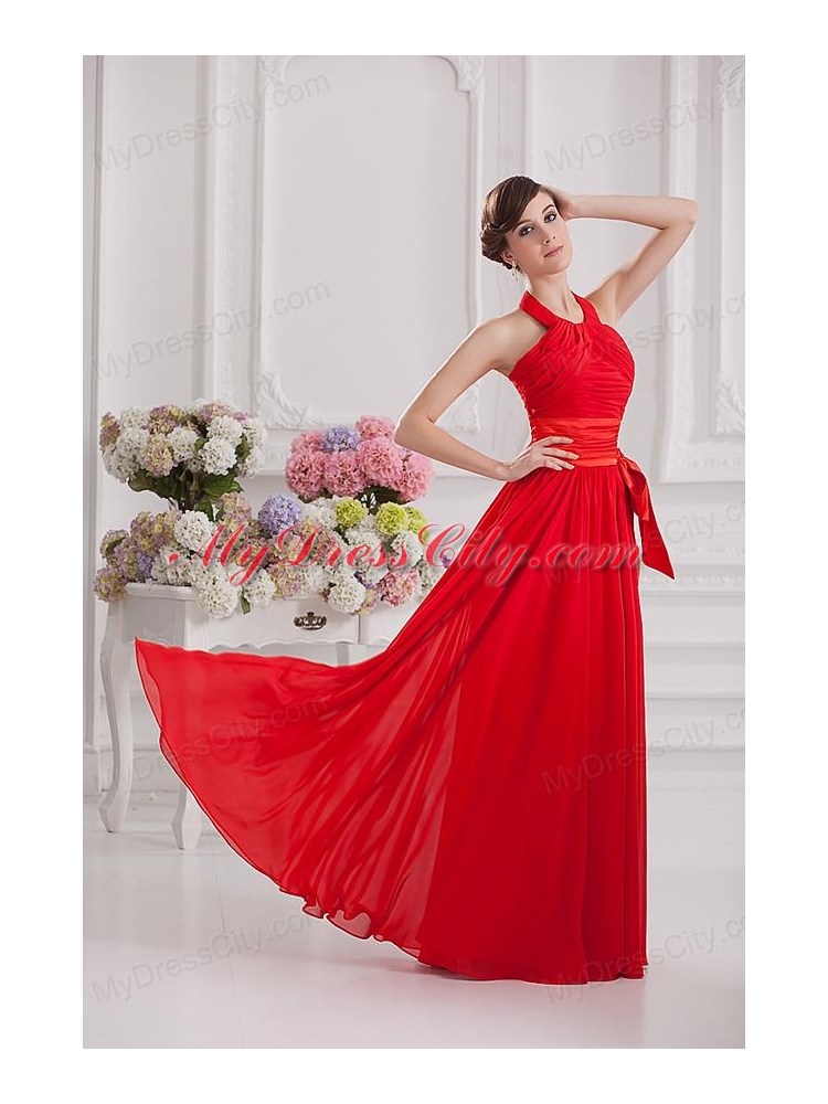 Ruching and Bowknot Halter Top Empire Prom Dress in Red