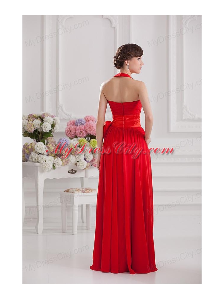 Ruching and Bowknot Halter Top Empire Prom Dress in Red