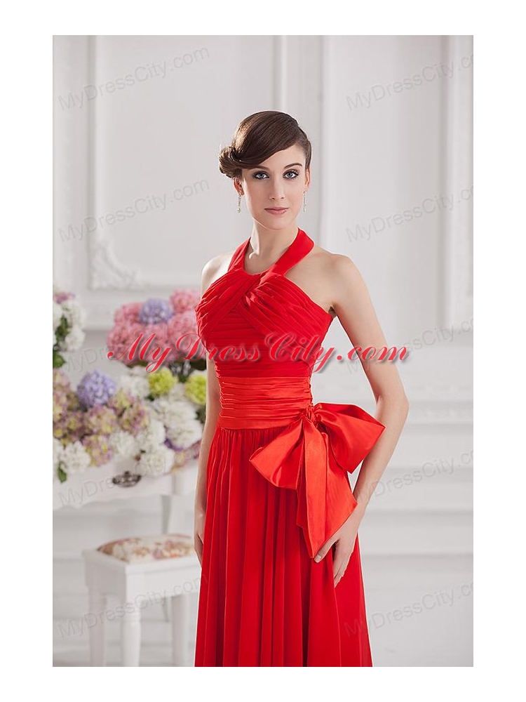 Ruching and Bowknot Halter Top Empire Prom Dress in Red