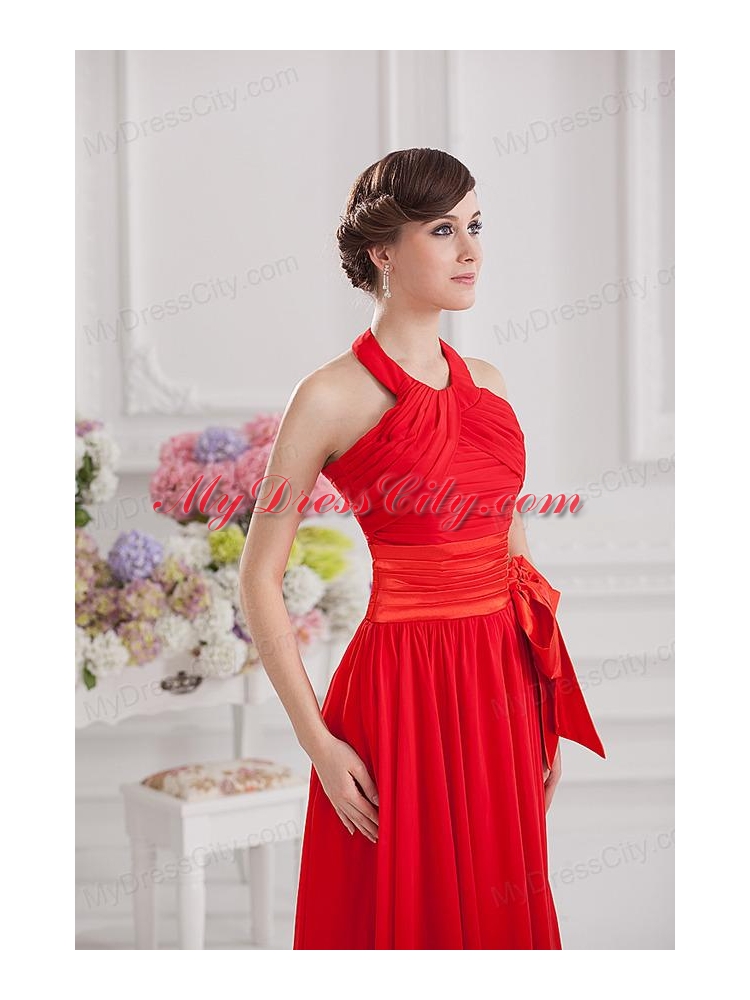 Ruching and Bowknot Halter Top Empire Prom Dress in Red