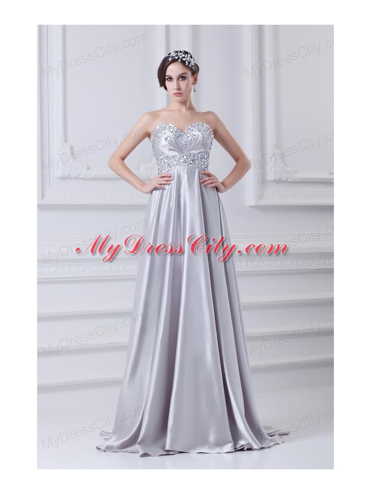 Silver A-line Sweetheart Taffeta Beading Brush Train Prom Dress