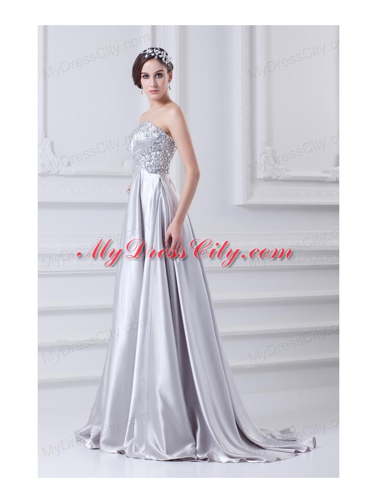 Silver A-line Sweetheart Taffeta Beading Brush Train Prom Dress