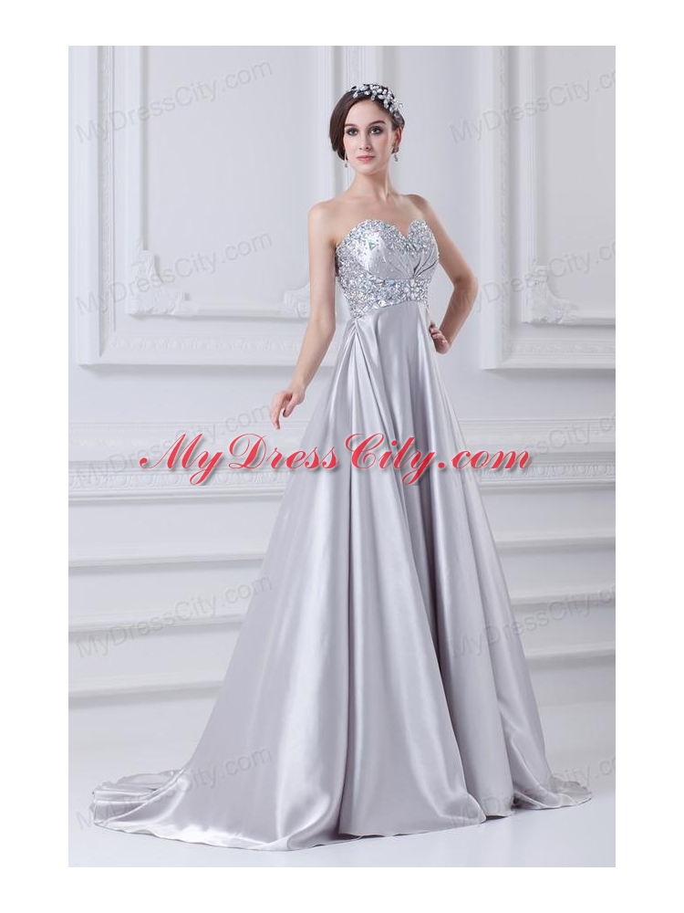 Silver A-line Sweetheart Taffeta Beading Brush Train Prom Dress