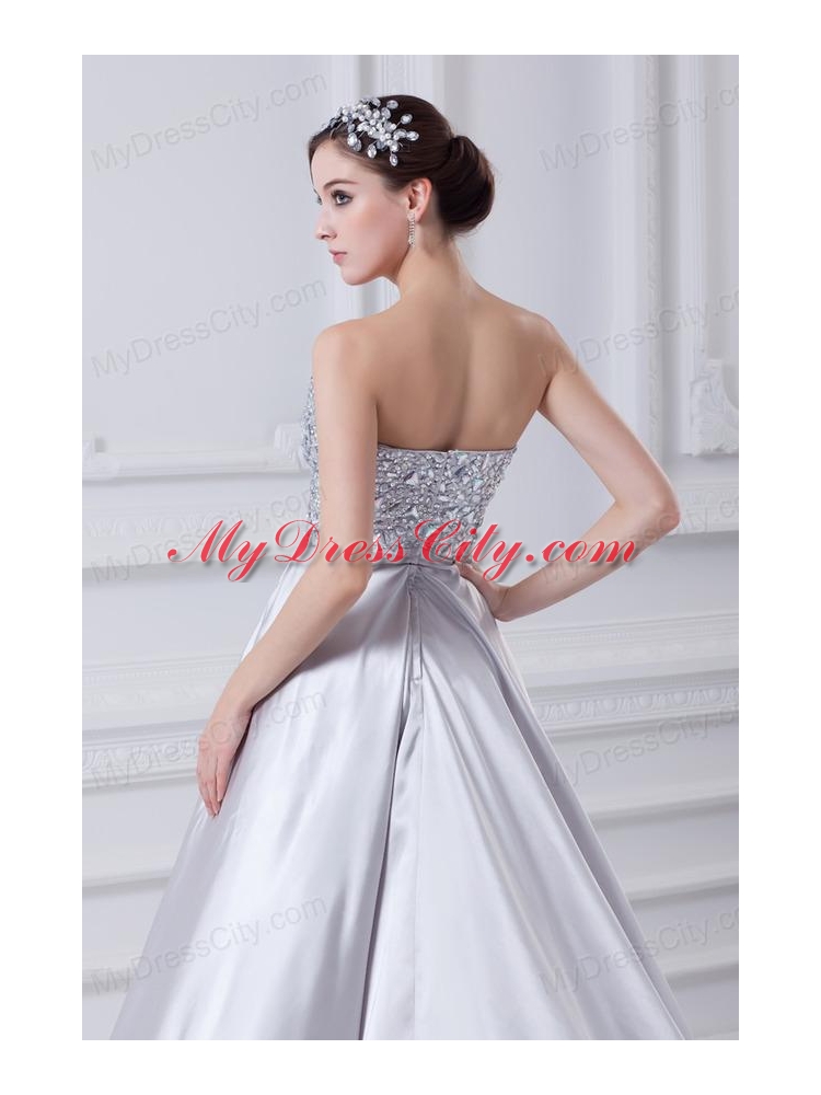 Silver A-line Sweetheart Taffeta Beading Brush Train Prom Dress